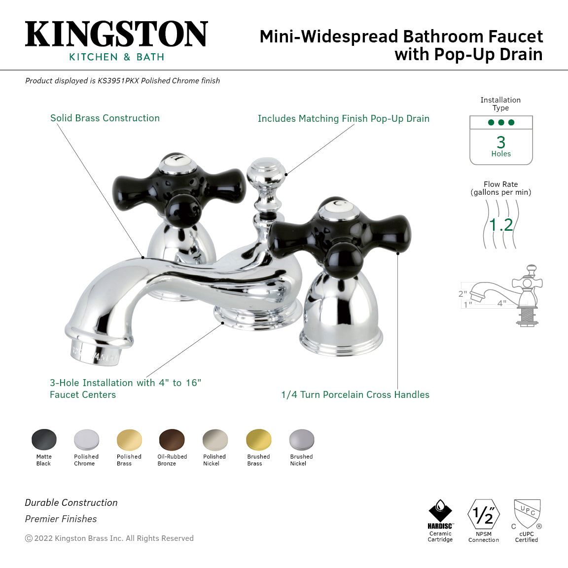 Kingston Heirloom KS3958PKX - Duchess Two-Handle 3-Hole Deck Mount Mini-Widespread Bathroom Faucet with Brass Pop-Up, Brushed Nickel — thumbnail 3